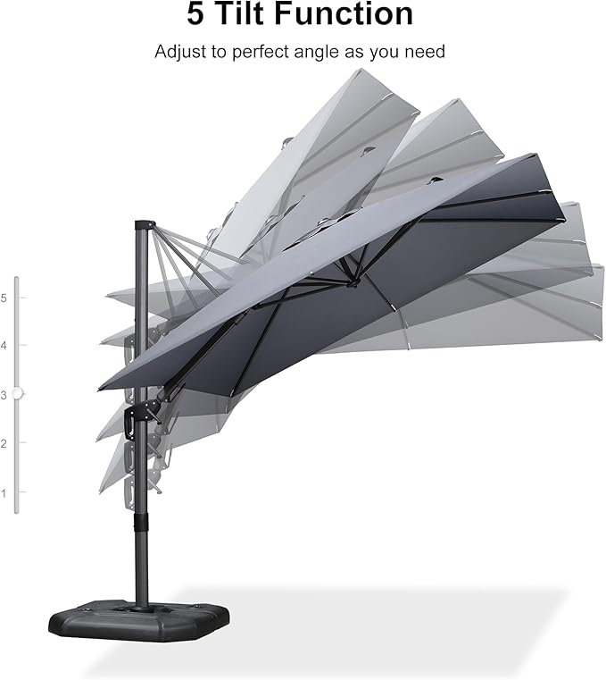PURPLE LEAF 8.8' X 8.8' Left-right Tilt Patio Umbrella with Base Outdoor Cantilever Swivel Square Umbrella Aluminum Offset Umbrella with 360-degree Rotation for Garden Deck Pool Patio Light Grey