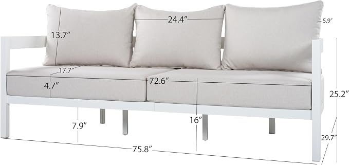 Christopher Knight Home Lula 5-Seater Patio Furniture Set with Coffee Table, 4 Piece Outdoor Conversation Set with Cushion, Aluminum Outdoor Sectional Sofa Set, White+Beige