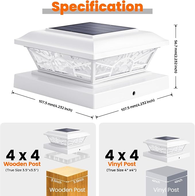 4x4 3.5x3.5 Solar Post Cap Lights 6-Pack White | 2 Modes (Warm/Cool White), 16LEDs, for Wooden/Vinyl Posts, IP65 Waterproof, Outdoor, for Fence, Deck, Patio, Yard, Porch