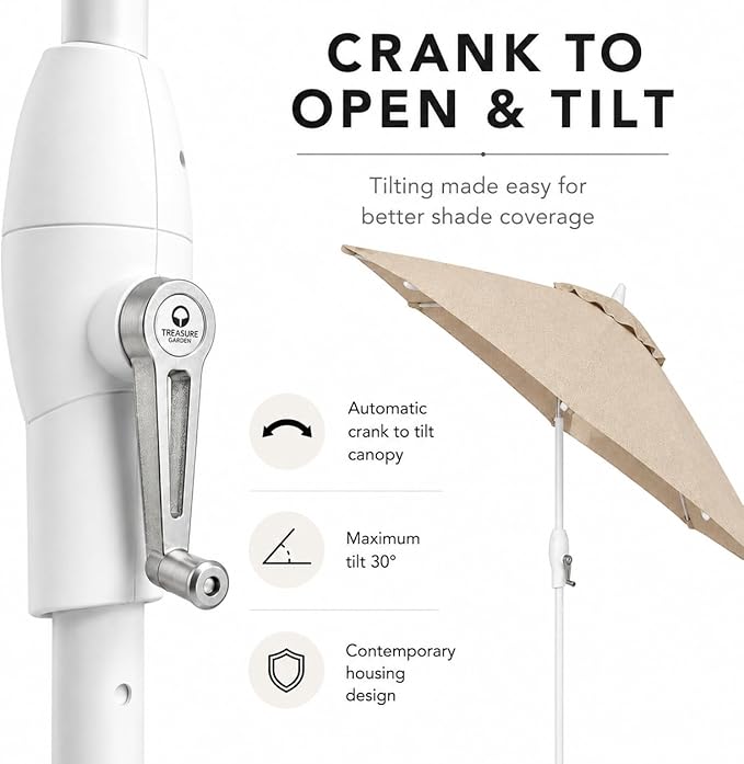 Treasure Garden 9ft Patio Umbrella - Outdoor Furniture Market Umbrella – Deluxe Auto-Tilt – White Aluminum Frame (Sunbrella, Heather Beige)