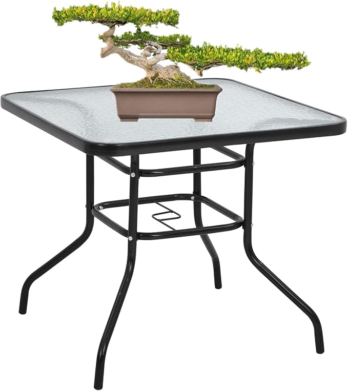 Outdoor Patio Table with Umbrella Hole, 32 inches Tempered Glass Top Square Patio Table,Conversation Coffee Table Metal Steel Frame All-Weather Furniture for Balcony, Backyard and Poolside