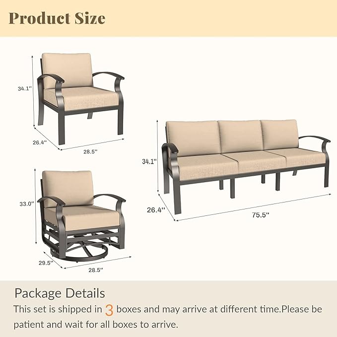 Aluminum Patio Furniture Set Patio Conversation Set,7 Seats Metal Modern Outdoor Furniture w/5.1" Cushions,Patio Sectional w/Swivel Chairs for Patio,Backyard,Sand