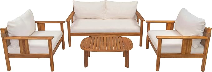 Christopher Knight Home Willy Acacia Wood Patio Furniture Set with Water-Repellent Cushion, 4 Piece Outdoor Acacia Wood Conversation Set, Outdoor Sectional Sofa Set with Coffee Table, Beige+Teak