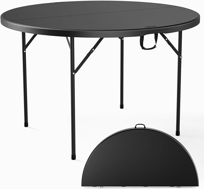 VINGLI Black 48" Round Bi-Folding Commercial Table, 4 Feet Portable Plastic Dining Card Table for Kitchen or Outdoor Party Wedding Event, 2-Pack