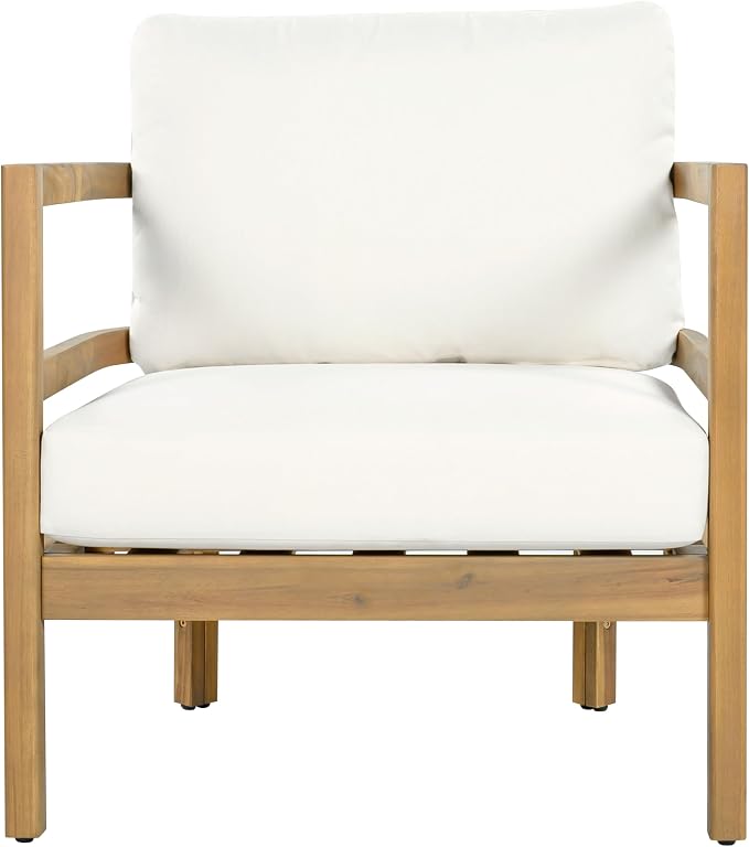 Merax Set of 2 Outdoor Acacia Wood Lounge Chair with Cushions, Solid Wood Patio Armchair, Modern Outdoor Accent Seating for Patio, Garden, Balcony, Deck, Porch, Beige + Light Brown