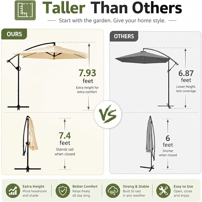 JAMFLY Large 9FT Offset Patio Umbrella with Cantilever Crank & Infinite Tilt, Heavy Duty Outdoor Hanging Umbrella with Cross Base for Backyard, Deck, Poolside