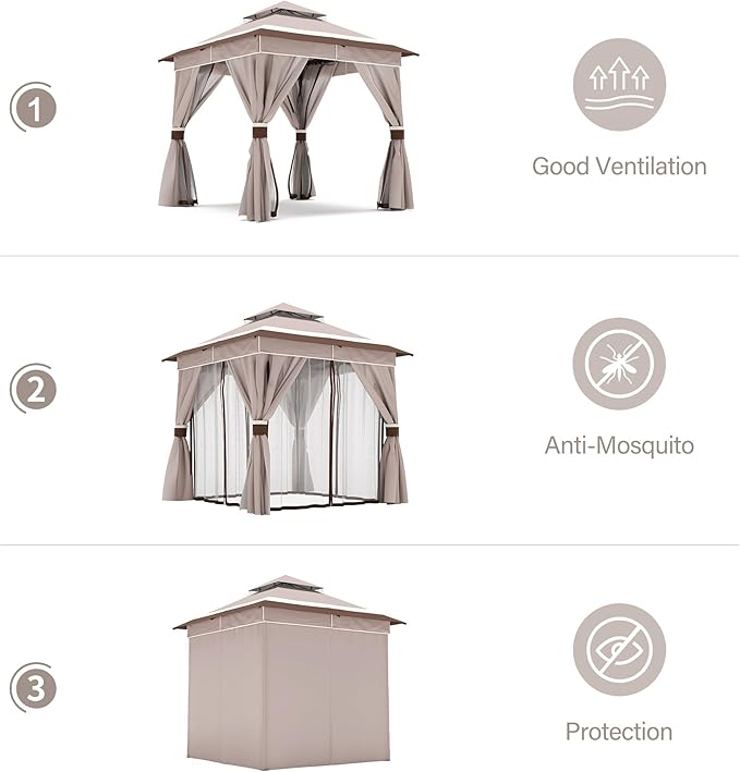 LAUSAINT HOME 8'x8' Outdoor Gazebo, Metal Frame Heavy Duty Patio Canopy Tent Shelter with Double Roofs, Mosquito Nettings and Privacy Screens for Backyard, Garden, Lawn, Classic Khaki