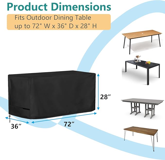 Oslimea Outdoor Dining Table Cover 72 inch Rectangle Patio Dining Table Covers Waterproof Furniture Covers, Windproof, UV Resistant and All Weather Resistant, 72 x 36 x 28 inch, Black