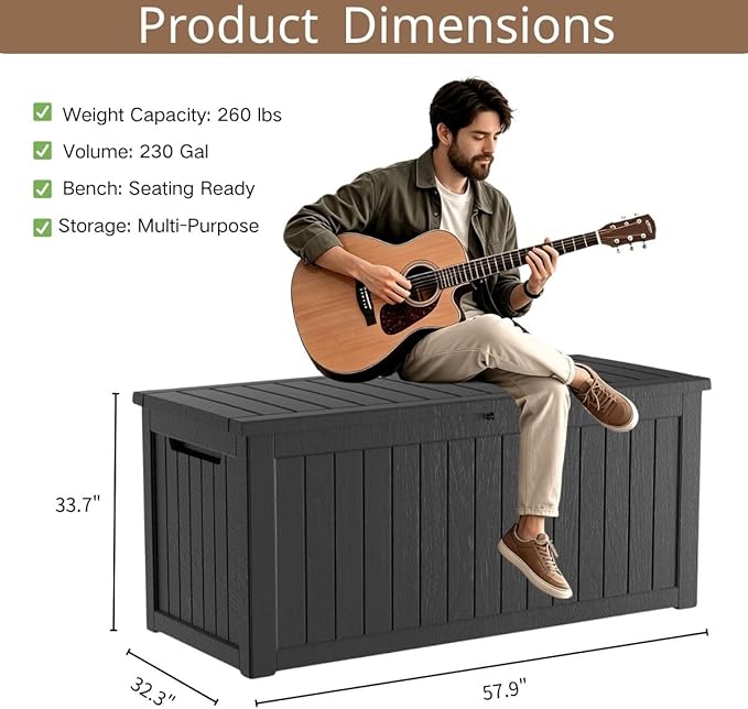 230 Gallon Outdoor Storage Box, Waterproof Resin Deck Container with Lockable Lid, Patio Organizer for Cushions & Garden Tools, Black