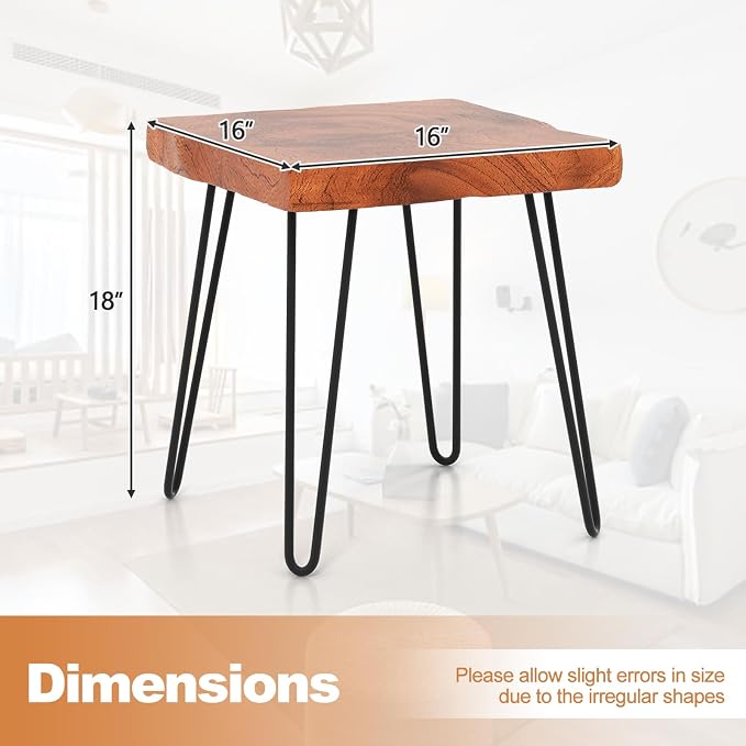 Giantex Teak Wood End Table, Solid Live Edge Outdoor Side Table w/Natural Grain & Heavy-Duty Metal Legs, Rustic Plant Stand for Living Room Patio Balcony, 16" x 16" x 18" (1, Square)