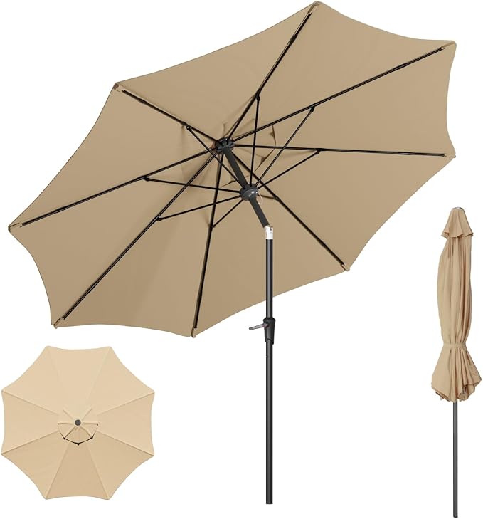 Outdoor Patio Umbrella with One Push Button Tilt and Crank, 8 Sturdy Ribs Market Table Umbrella