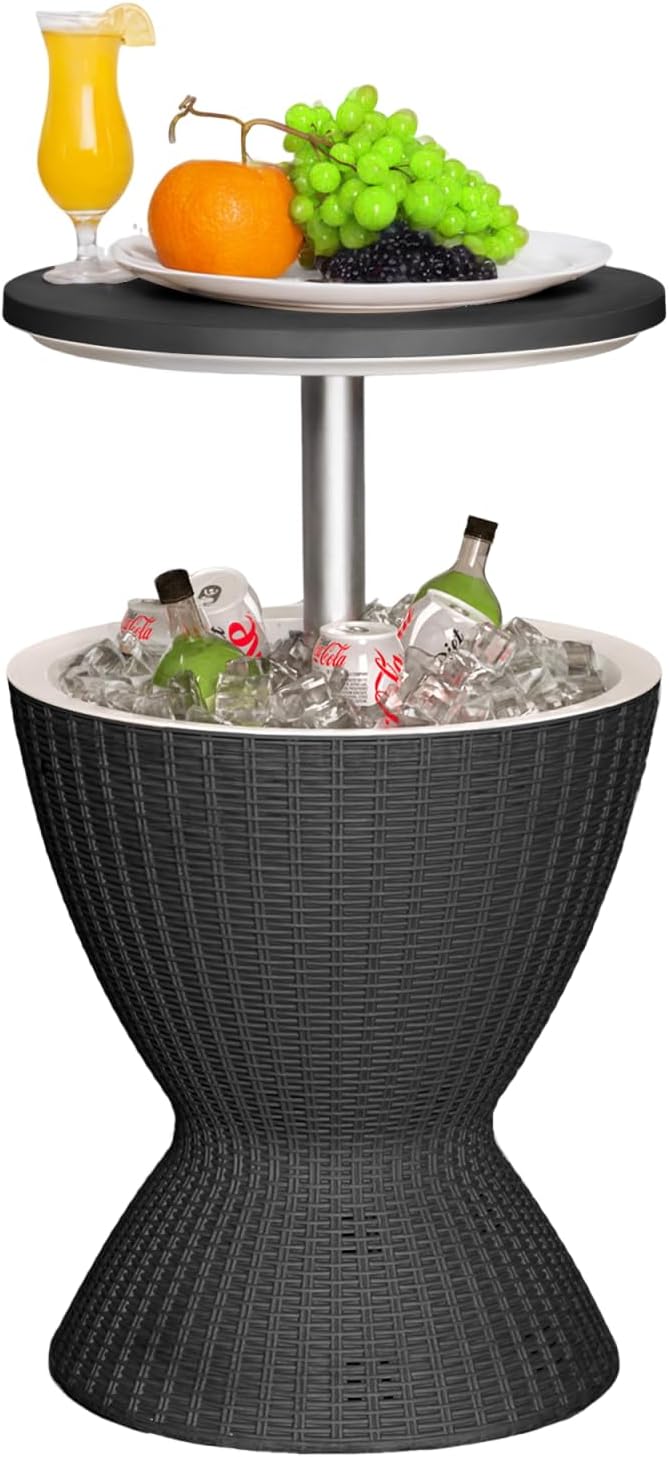 3-in-1 Outdoor Cocktail Table w/Built-in 8Gal Wine Cooler & All-Weather Ice Bucket - Adjustable Patio Bar Height Cooler Table for Poolside, Backyard, Outdoor Bar, Party & Picnic