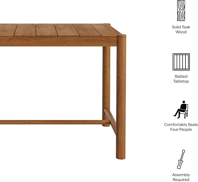 Modway Eleni 56-Inch Outdoor Teak Wood Bar Table in Natural – Rectangular Patio Bar Table with Slatted Top for Patios, Decks, Or Gardens