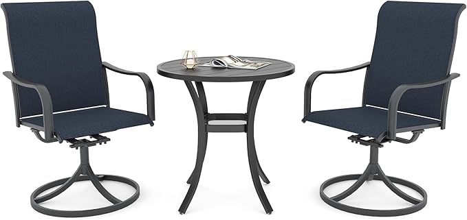 Anmutig Small Outdoor Patio Dining Set, 27.5 Inch Round Dining Table with 2 Navy Blue Swivel Chairs - Style2