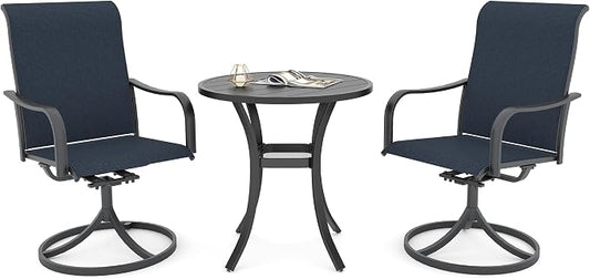 Anmutig Small Outdoor Patio Dining Set, 27.5 Inch Round Dining Table with 2 Navy Blue Swivel Chairs - Style2