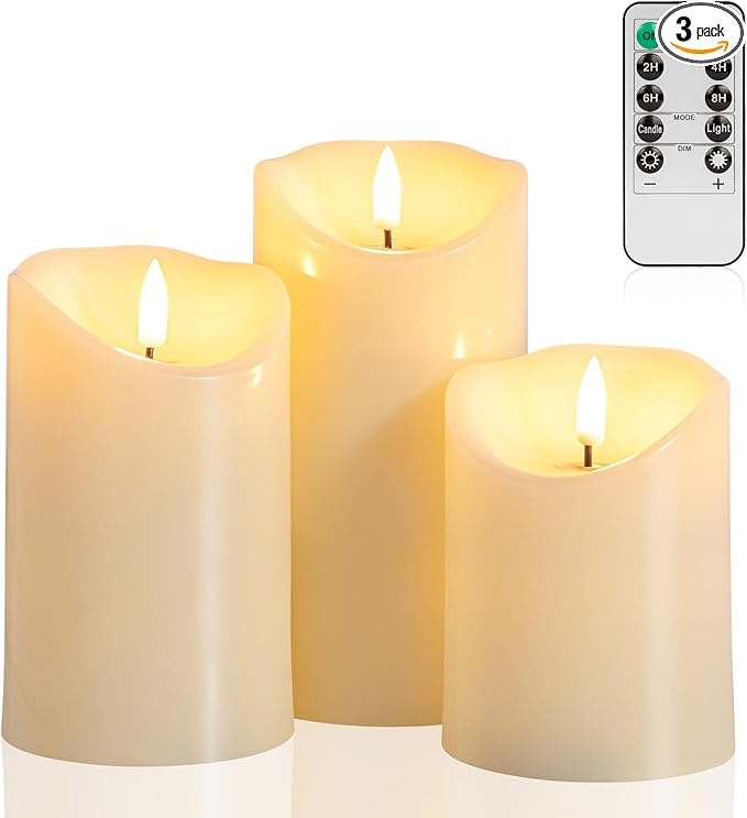 ANGELLOONG Flickering Flameless Candles with Remote, Battery Operated Fake Candles with Timer, Realistic LED Electric Pillar Candles for Home Wedding Birthday Christmas Decor, Set of 3