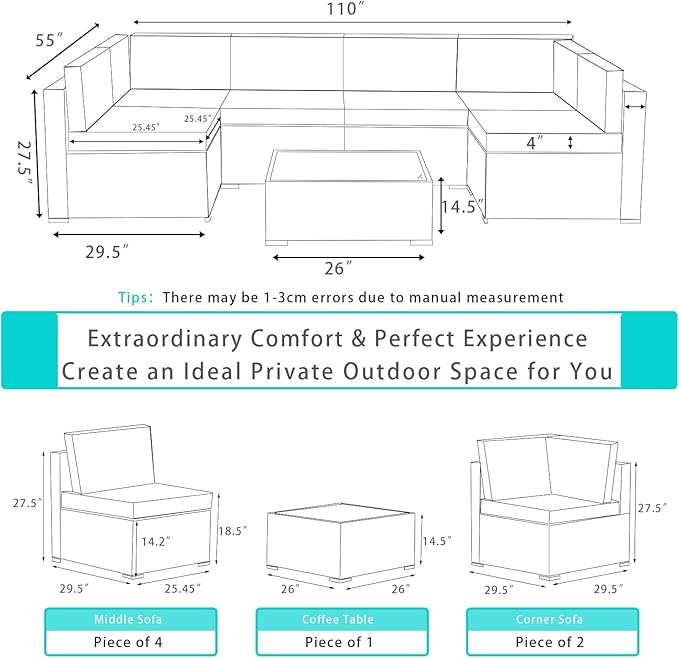 ALAULM 7 Pieces Patio Furniture Set Wicker Patio Conversation Set, Outdoor Sectional Furniture w/Coffee Table & Washable Seat Cushions-Blue