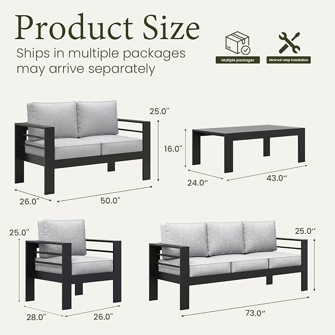 LayinSun Outdoor Aluminum Furniture Set, 5 Pieces Patio Sectional Conversation Chat Sofa Modern Seating Set with Coffee Table