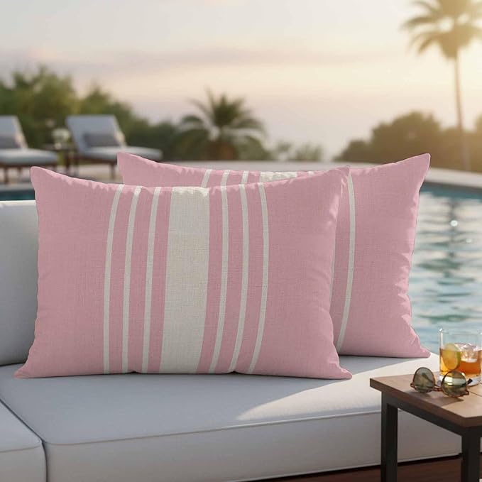 Pink Beige Striped Outdoor Pillow Covers 20x12 Inch Lumbar Pillow Covers Set of 2 Waterproof Decorative Throw Pillow Cases Modern Farmhouse Retro Lines Cushion Covers for Patio Furniture Garden Couch