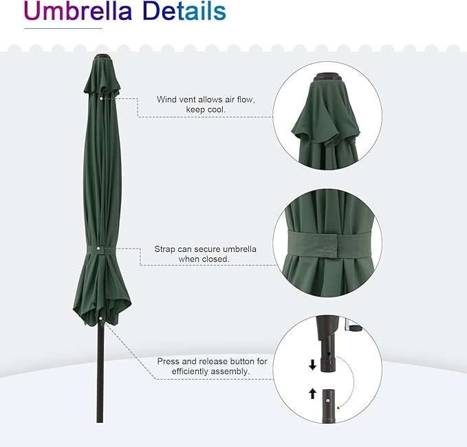 COBANA Patio Umbrella, Outdoor Table Umbrella of 9-Feet with 8 Ribs and Push Button Tilt and Crank, Dark Green