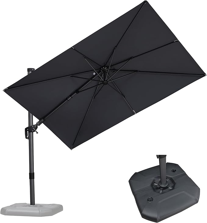 PURPLE LEAF 6.5' X 10' Left-right Tilt Patio Umbrella with Base Outdoor Cantilever Swivel Rectangle Umbrella Offset Umbrella with 360-degree Rotation for Garden Deck Pool Patio Light Grey