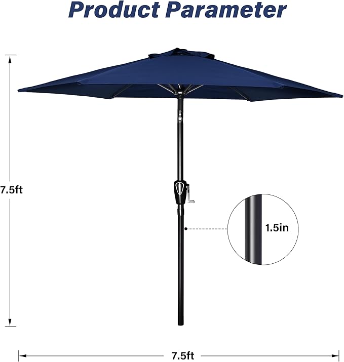 HealSmart 7.5ft Patio Umbrella with Push Button Tilt/Crank, Outdoor Table Market Yard Umbrella, 6 Sturdy Ribs for Garden, Deck, Backyard, Pool