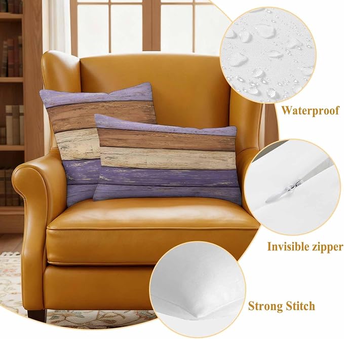Farmhouse Purple Brown Outdoor Waterproof Pillow Covers, Vintage Wooden Striped Decorative Square Throw Pillowcase Sofa Cushion Sham for Patio/Couch/Chair, 26"x26" 2 Pack