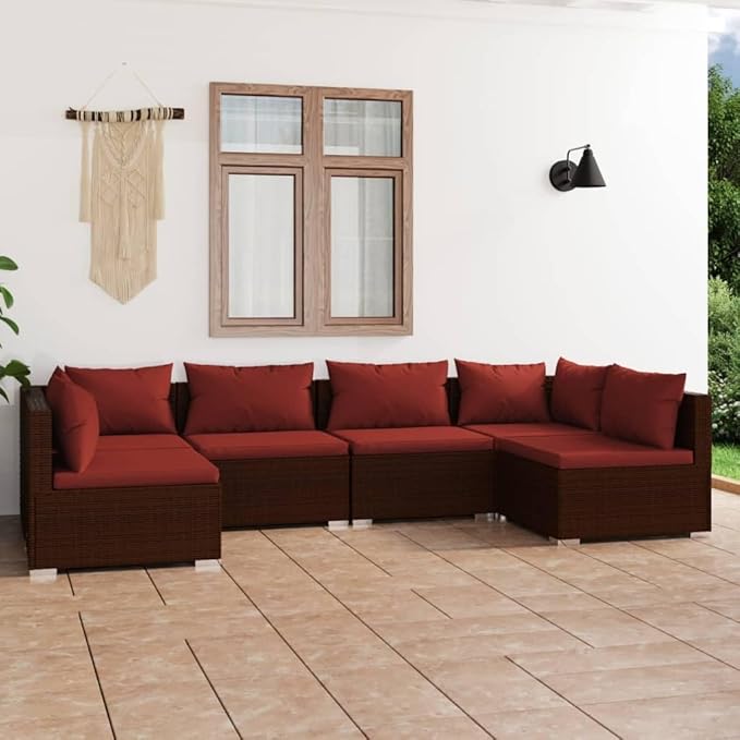 6 Piece Patio Lounge Set with Cushion, Piece Patio Set Furniture Conversation Sets Outdoor Patio Sectional Patio Lounge Set s Poly Rattan Brown