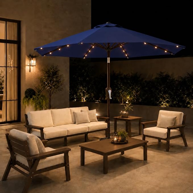 11FT Solar Patio Umbrella with Lights, Outdoor Table Market Umbrella with 32 LED Lights, 8 Sturdy Ribs, Smooth Crank Lift for Pool, Deck and Garden, UV-Resistant