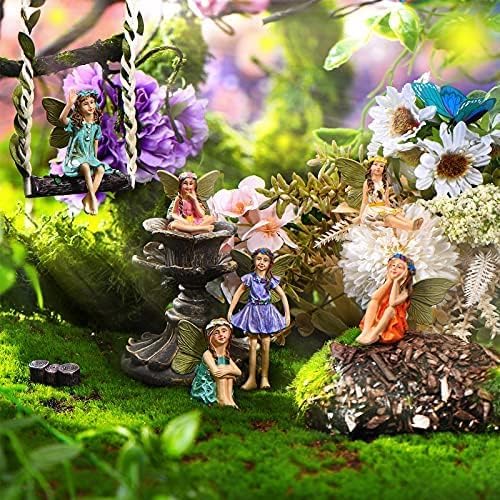 6 Miniature Fairy Figurines for Garden Outdoor, Resin Fairies with Sticks | Fairy Garden Accessories, Set of 6, Tiny Girl Sculptures, Plant Pot Decor, Lawn Ornaments, Indoor Outdoor Use