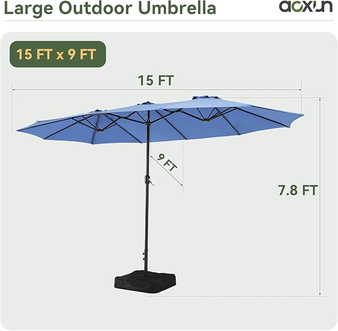 Aoxun 15ft Patio Umbrella with Base Included, Outdoor Double-Sided Rectangular Umbrella with Crank Handle & Ventilation, Large Standing Umbrella for Pool, Deck, Lawn, Backyard & Beach