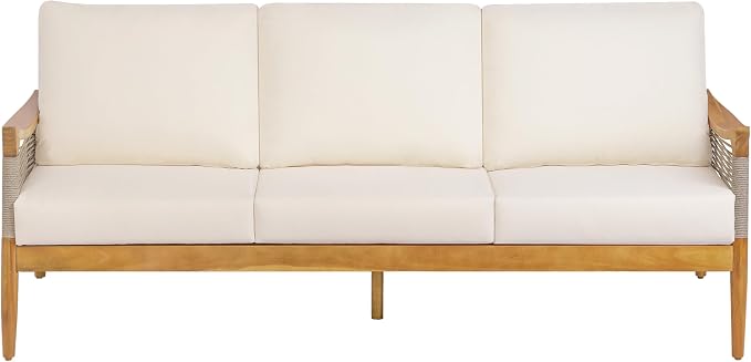 Merax Acacia Wood Patio 3-Seater Sofa with Rope & Cushions | Teak-Finish Acacia Frame, Woven Rope Design, 6-Inch Cushion And Deep Seating For Porch, Garden, Backyard Or Balcony