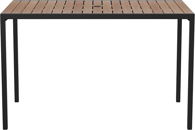 EMMA + OLIVER Outdoor Steel Dining Table with Umbrella Hole - Faux Teak Poly Slatted Top - Black Frame - 30x48 Table Seats up to 4 Adults
