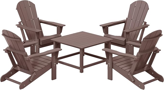 Costaelm Patio Conversation Set, 5 Piece Balcony Furniture, Small Patio Firepit Furniture Outdoor Adirondack Square Coffee Table and Chair for Backyard Lawn Porch Pool Garden, Dark Brown