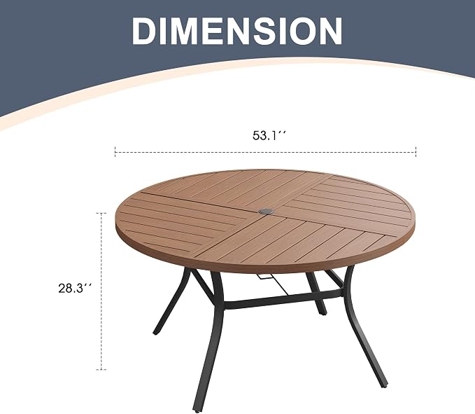VICLLAX 53" Round Patio Dining Table for 6-8, All Weather Metal Outdoor Table with 1.57" Umbrella Hole and Surdy Frame for Garden Lawn Deck, Walnut