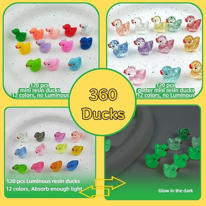 360PCS Mini Resin Ducks 36 Colors, Glitter & Luminous & Colorful Tiny Ducks | Miniature Tiny Plastic Animal Figures for Micro Landscape Fish Tank Garden Dollhouse DIY Decor