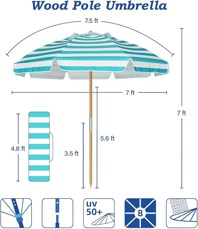 AMMSUN 7.5ft Heavy Duty HIGH Wind Beach Umbrella Commercial Grade Patio Beach Umbrella with Air Vent Ash Wood Pole & Carry Bag Turquoise White