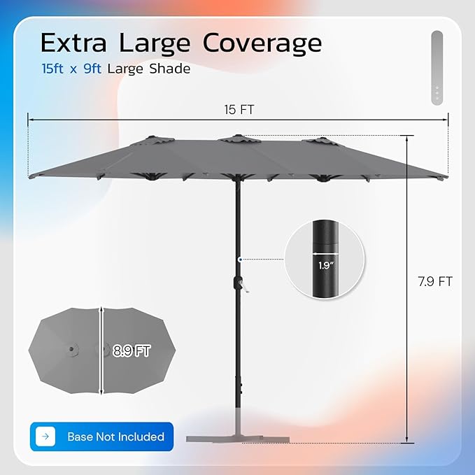 AECOJOY 15x9ft Double-Sided Patio Umbrella Outdoor Market Umbrella Large Umbrella Table 177''x104'' Umbrellas with Crank Air Vents for Deck Pool Patio (1.9" Pole, Dark Grey)