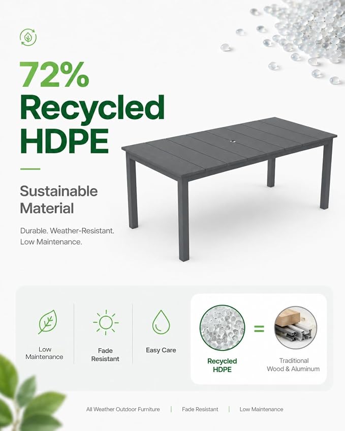 75.2" Outdoor Dining Table for 4-6 People, Patio Dining Outdoor Table with Umbrella Hole, All Weather Patio Table for Backyard, Deck and Garden, Gray