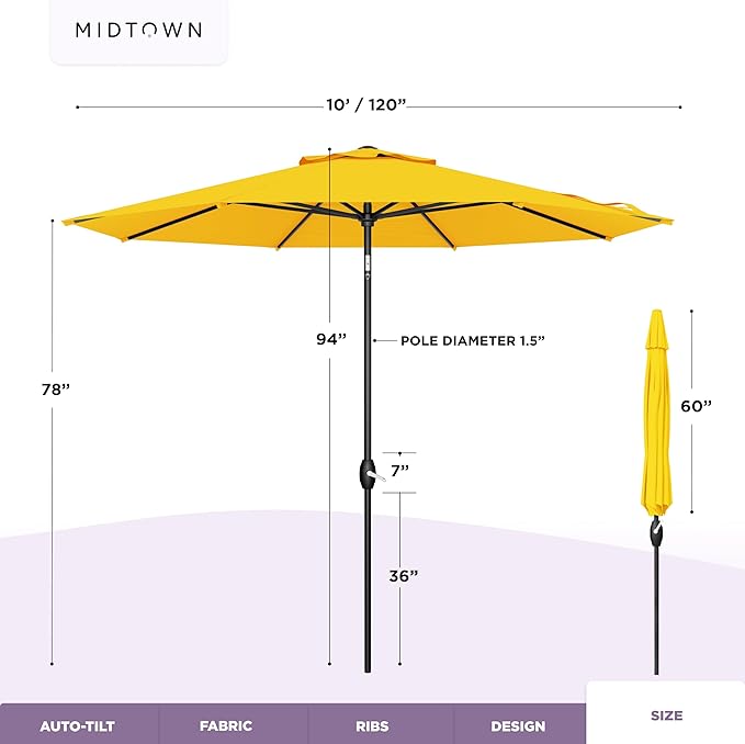 Midtown Umbrellas - The Lean 10 Ft Patio Umbrella with Fade-Resistant Sunbrella Fabric, Auto-Tilt Aluminum Frame and 8 Reinforced Ribs for Deck, Pool & Garden - White Canopy, Black Pole