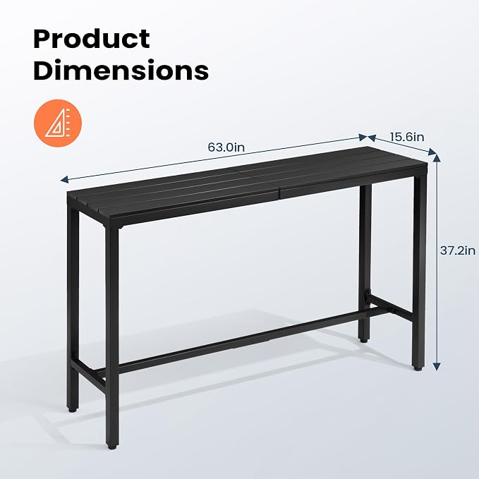 Outdoor Bar Table 63" All-Weather Patio Bar Table with Metal Frame and Waterproof Wood-Like Tabletop Outdoor Console Table for Balcony Yard Garden Bistro Hot Tub Use(Black)