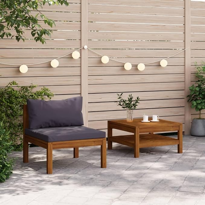 2 Piece Patio Sofa Set with Dark Gray Cushions, Acacia Wood Outdoor Conversation Set Sectional Sofa with Middle Sofa, Coffee Table for Garden, Patio, Balcony,-423