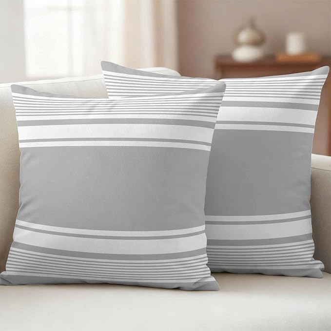 Outdoor Waterproof Throw Pillow Covers, Grey Striped Decorative Pillow Cases, Modern Color Block Farmhouse Stripes Couch Pillow Protector Patio Sofa Cushion Covers Replacement 16"x16" 2 Pack