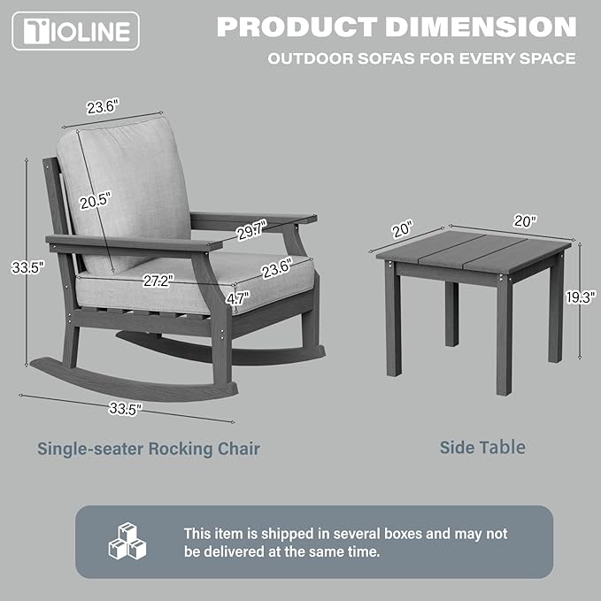 HDPE Patio Conversation Set, 3-Piece All Weather Outdoor Furniture Set with 2 Rocking Sofas for Deck, Lawn, with Cushion, Gray