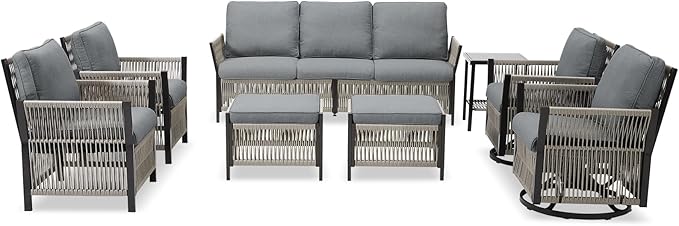 Wicker Outdoor Furniture Set, 8 Piece Patio Conversation Sets, Comfort Swivel Rocker Glider Patio Chairs Set of 4 with Ottoman and Rattan Sofa (Grey)