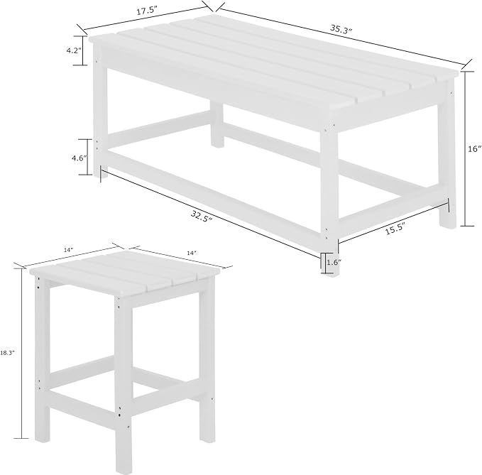 WestinTrends Malibu 3-Piece Set Outdoor Coffee and Side Table for Adirondack Chair, White