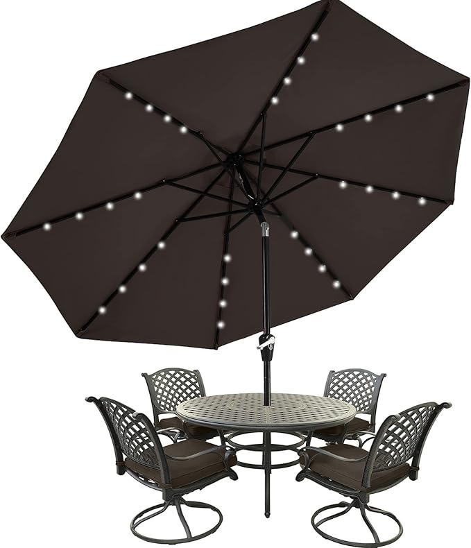 MASTERCANOPY 9FT 8Ribs Patio Umbrella with 32 Solar LED Lights, Outdoor Market Umbrella with Tilt & Crank, UV Protection & Fade Resistant Fabric, Easy Set-Up for Garden, Deck, Pool (Brown)