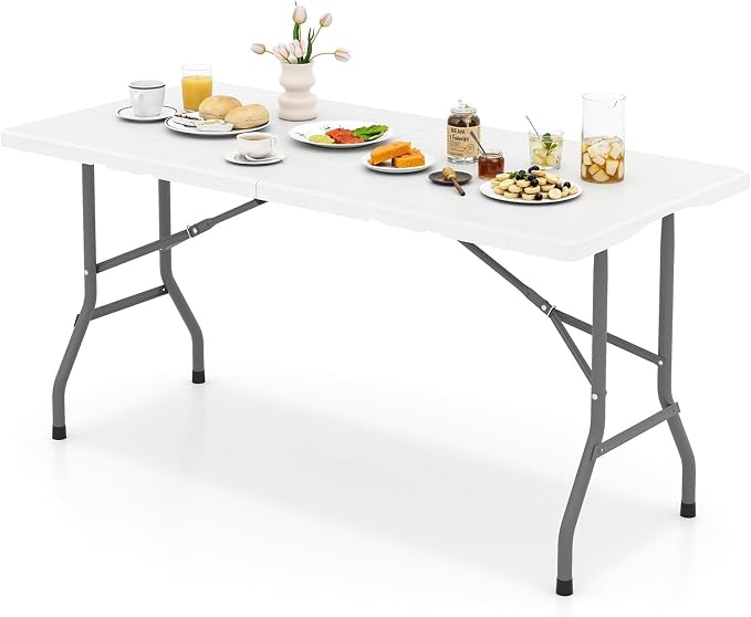 Tangkula 5FT Folding Table, Indoor Outdoor Foldable Plastic Table with HDPE Tabletop, Sturdy Metal Fame, Carrying Handle, 4-6 Person Picnic Table for Camping BBQ Party