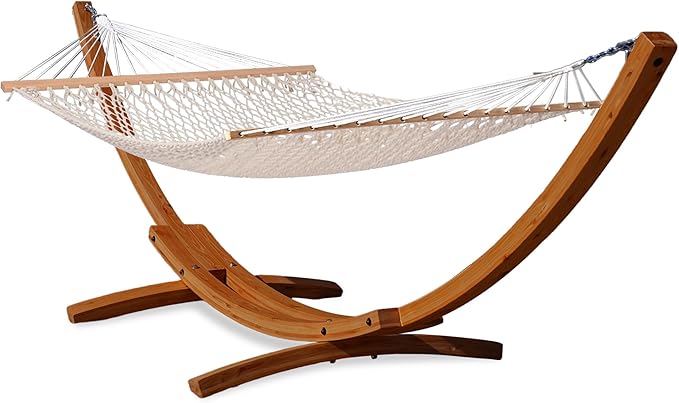 Lazy Daze Hammocks 12 FT Double Rope Hammock and 13 FT Brown Wooden Arc Stand, 2 Person Hand Woven Cotton Hammock with Spreader Bar for Outdoor Patio Poolside, 450 lbs Capacity, Natural
