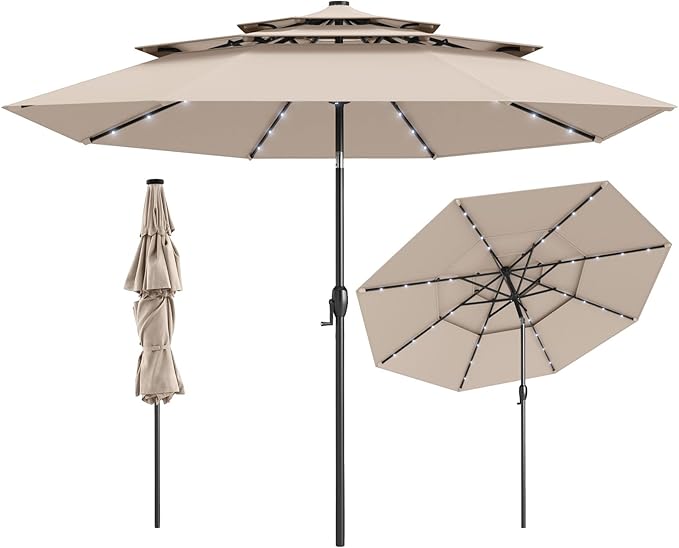 Tangkula 10 FT Solar LED Patio Umbrella, 3-Tier Vented Outdoor Market Table Umbrella with 32 LED Lights, Tilt Adjustment, Crank Handle, 8 Ribs for Backyard Pool Deck (Beige)
